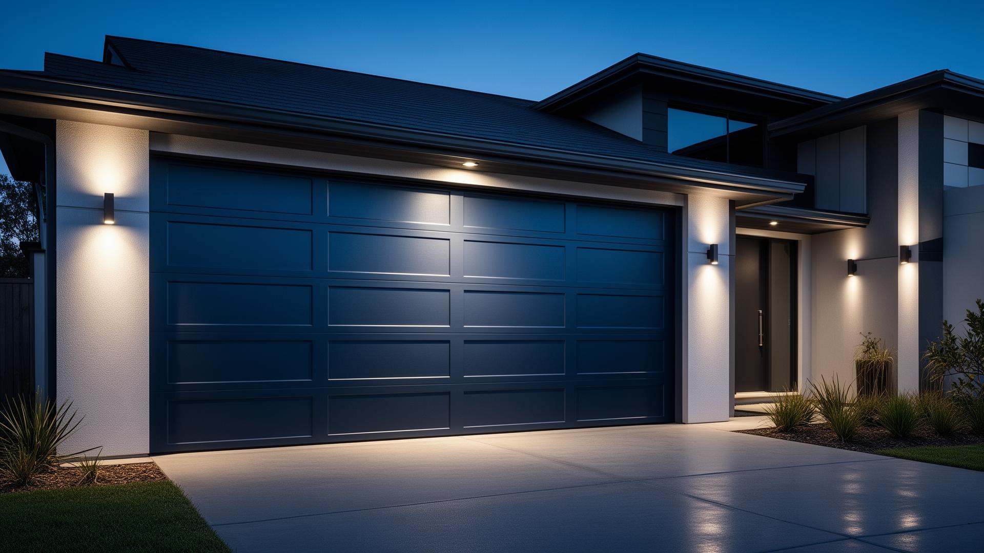 Modern garage door at twilight in Imperial Beach